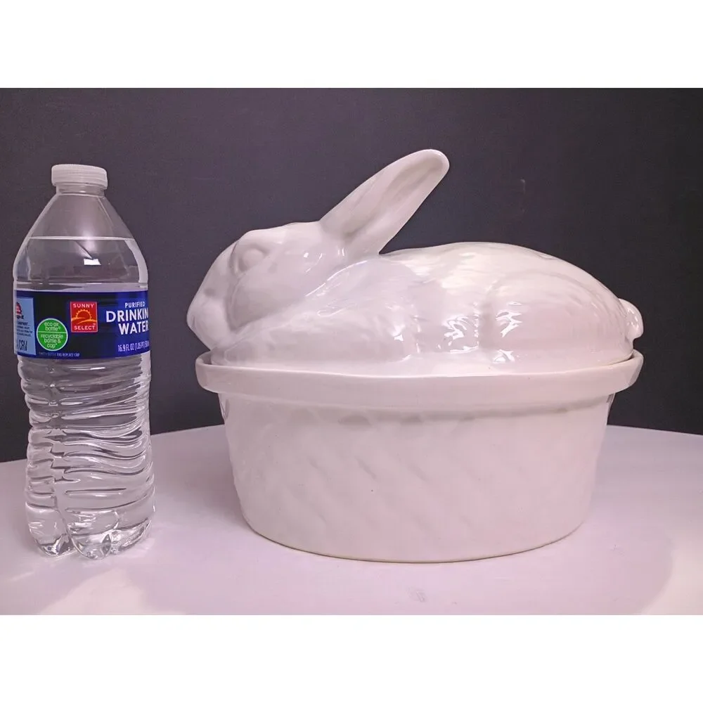 1950s California USA Pottery White Rabbit Vintage Easter Covered Casserole Dish